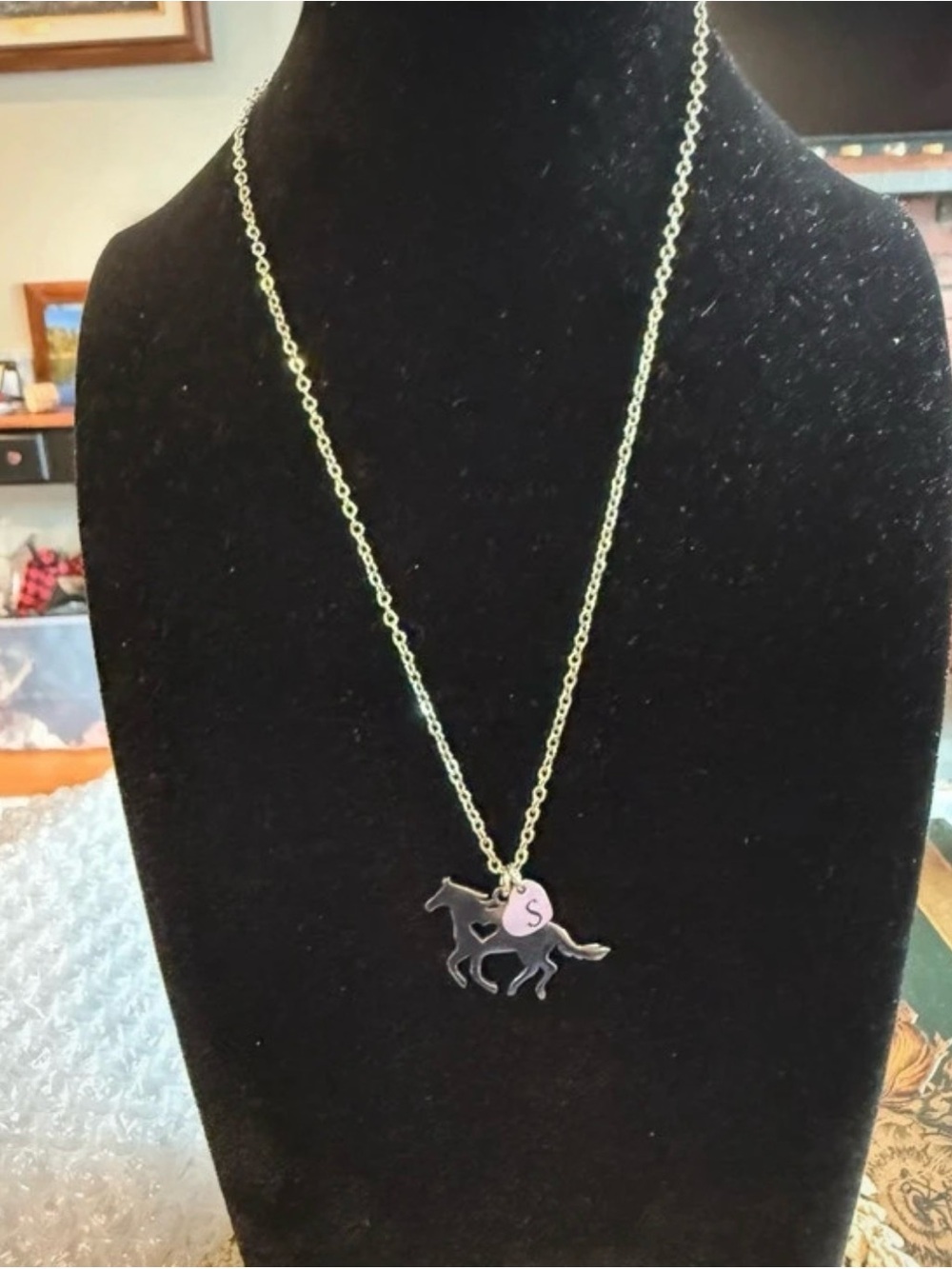 Silvertone Horse Pendant Necklace with Pink Initial Charm